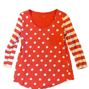 Garnet Hill Womens Polka-dot Pocket T-Shirt Size Small Orange Long Sleeve Cotton